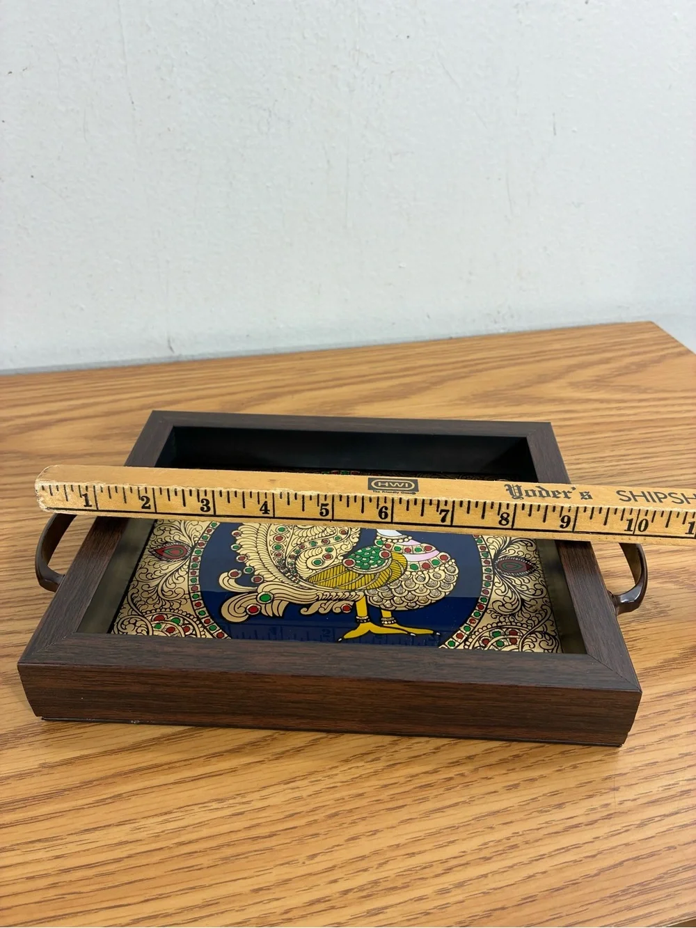 Tanjore mini tray gold foil framed peacock under acrylic